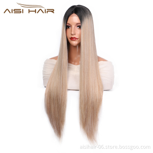 Aisi Hair New Design Long Silky Straight Wigs Ombre Blonde Swiss Lace Wig Synthetic Hair Lace Frontal Wigs For Black Women